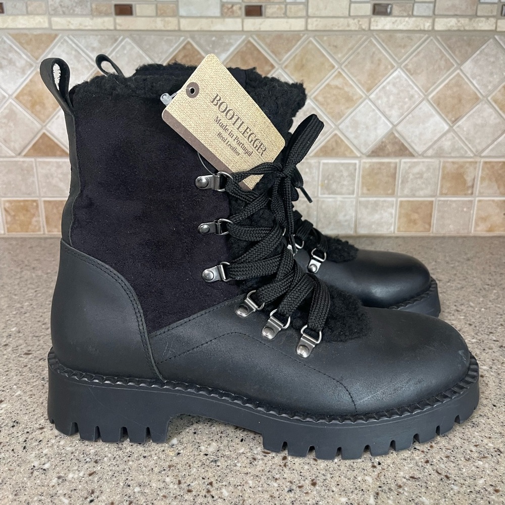 Bootlegger Women’s Black Military Combat Boots Leather Faux Fur Size 40 US 9